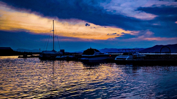 Sunset over harbour Armenia