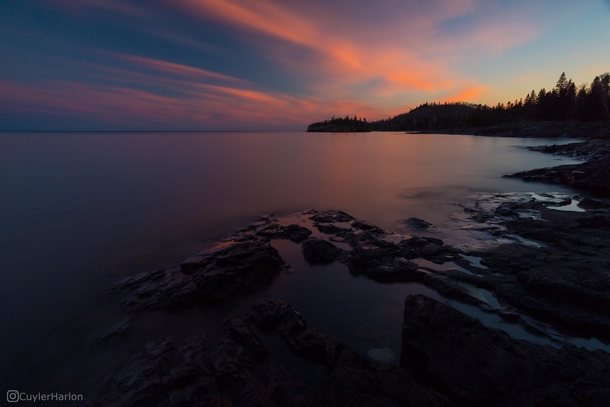Sunset reflected off of Lake Superior the largest freshwater lake on earth 