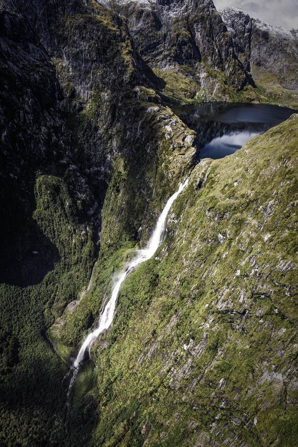 Sutherland Falls flowing from Lake Quill high up in Fiordland 