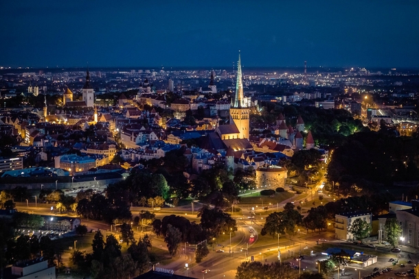 Tallinn old town Estonia at night Shot from a balloon 
