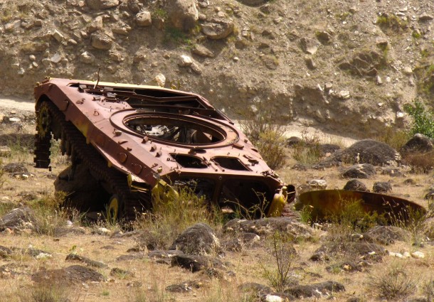 Tank left behind in a former battlefield of the Tajik Civil War 