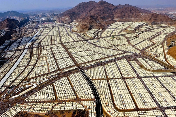 Temporary tent city for over  million Muslim pilgrims near Mecca during a hadj 