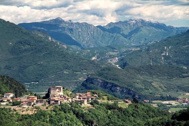 Tenno village in Italy towering above Garda Lake 