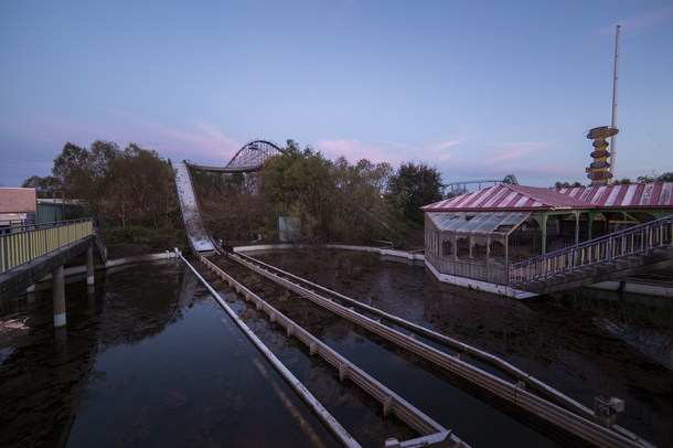 The abandoned splash boats ride at Six Flags New Orleans 