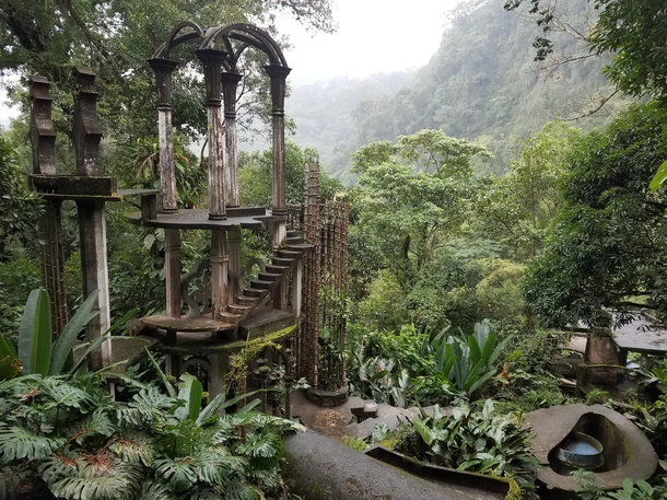 The Bamboo Palace in a foggy day inside of the Sculptural Garden of Edward James in Xilitla Mexico