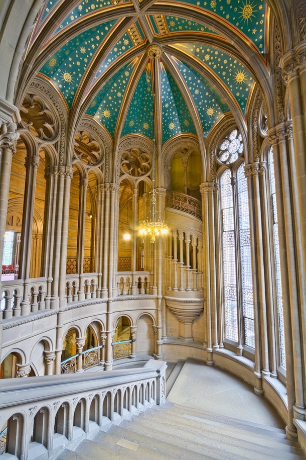 The beautiful gothic staircase inside Manchester Town Hall England 