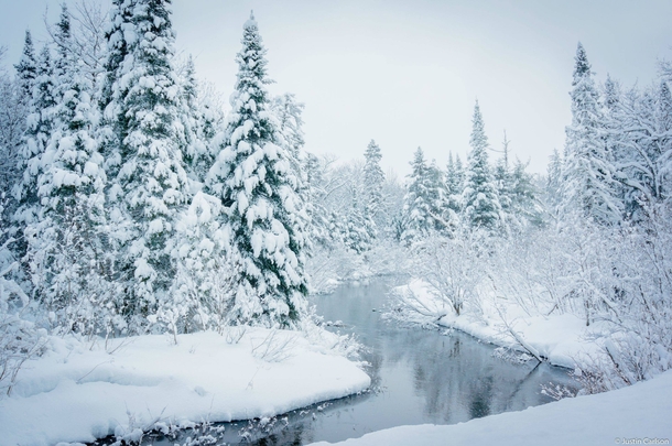 The Carp River after todays snowfall in Michigans Upper Peninsula Photo by Justin Carlson 