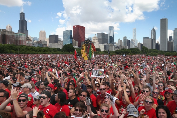 The Chicago skyline and Grant Park at the last Blackhawks rally 