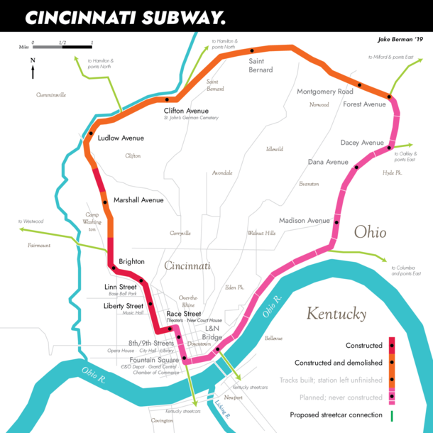 The Cincinnati subway was partially built  years ago and never ran a single train I drew a map of it 