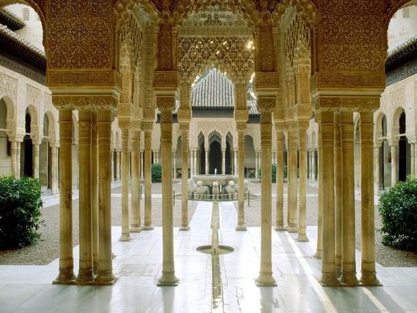 The Courtyard of the Lions at the Palace of the Lions in the Alhambra Granada Spain c- 