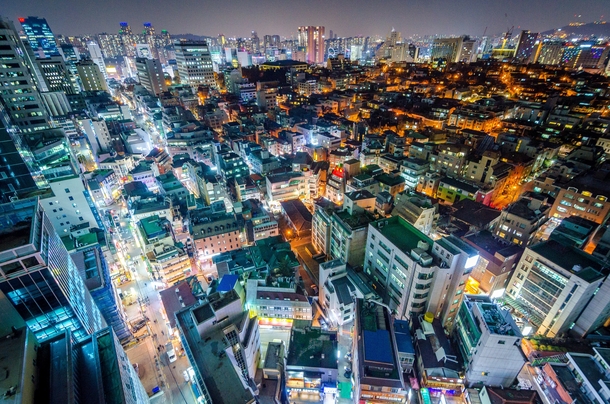 The dense Gangnam District at night Seoul South Korea 