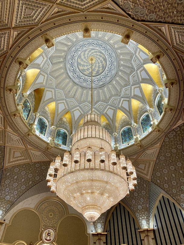 The dome and chandelier of the official meeting place for the UAE Cabinet and the Federal Supreme Court The building itself is known as the Qasr Al Watan palace and is located in Abu Dhabi