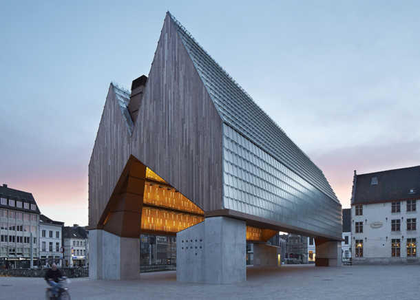 The dual-gabled timber and concrete structure Market hall in Ghent Belgium Designed by Belgian studios Robbrecht en Daem and Marie-Jos Van Hee