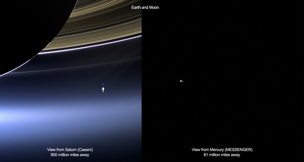 The Earth and the Moon as seen from Saturn and Mercury 