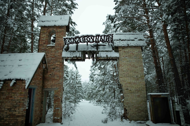 The entrance to Skazochnyi which roughly translates as Fairy Tale A residential camp for young children near Ilovnitsa a former village Evacuated only a week after Chernobyl all the kids were irradiated Abandoned  