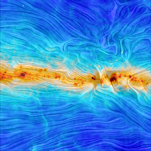 The European Space Agency reports that this image captured by the Planck spacecraft is among the first to reveal the shape of the Milky Ways magnetic field 