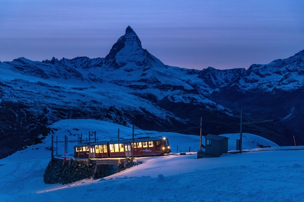 The Gornergrat Railway with the Matterhorn in the background Its cograck-and-pinion railway 