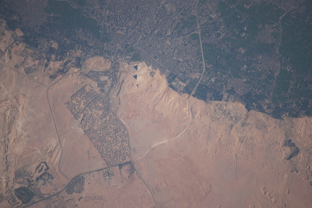 The Great Pyramids The Great Sphinx El Giza and Cairo photographed by an International Space Station astronaut orbiting  kilometers  miles or  nautical miles above Egypt -- latitude  longitude  -- on  January  at  GMT 