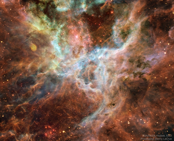 The heart of the monstrous Tarantula Nebula in the south-east corner of the Large Magellanic Cloud It is the largest area of active star-formation in our local universe being between - light-years in diameter  Credit ESANASA amp Danny LaCrue
