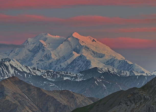 The last rays of the midnight sun hitting Denali seen from the backcountry Denali is one of the best mountains in the world to see alpenglow like this since its so far north the sunsets last for hours 