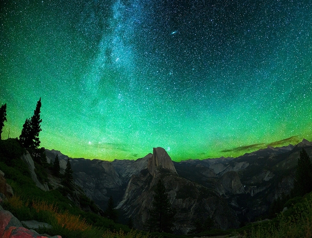The Milky Way and Andromeda above Yosemites Valley and Half Dome 