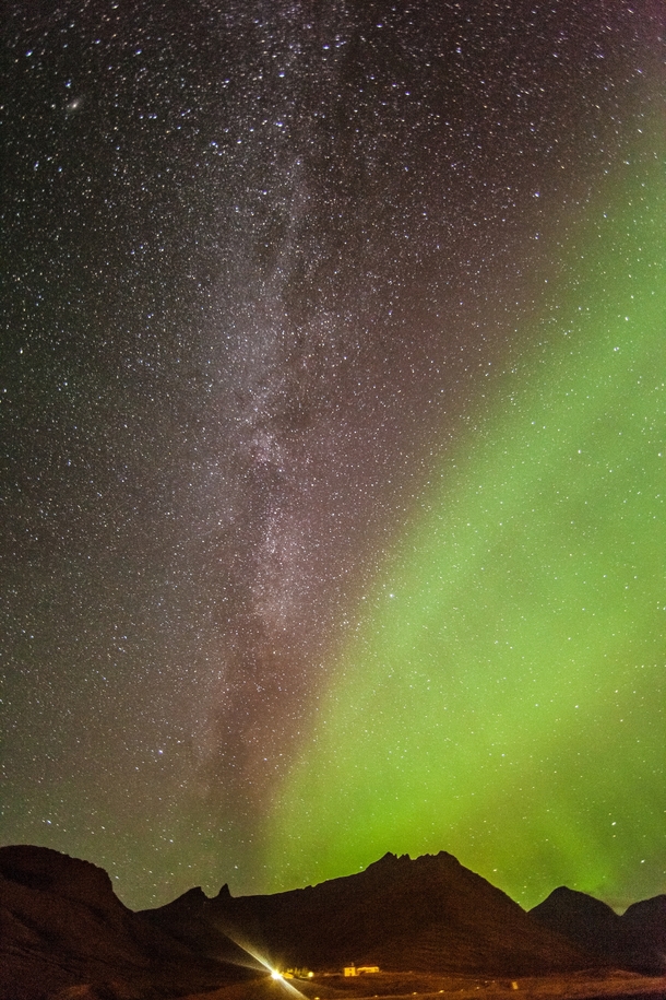 The Milky Way and the Aurora Borealis photographed above Faskrudsfjordur Iceland a couple of nights ago 