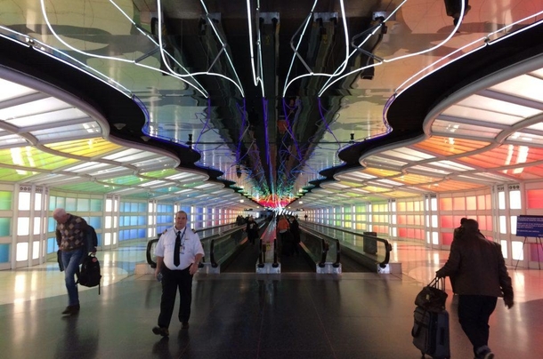 The Moodlit Chicago OHare Moving Walkway Tunnel