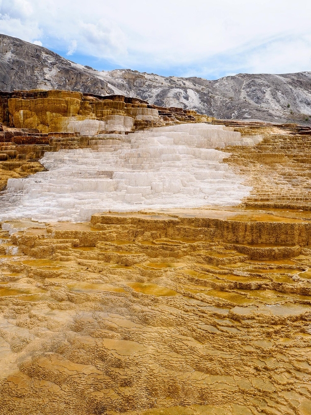 The Mound Spring of Mammoth Hot Springs in Yellowstone National Park The terraces are created by the build-up of mineral deposits and calcium carbonate over thousands of years 