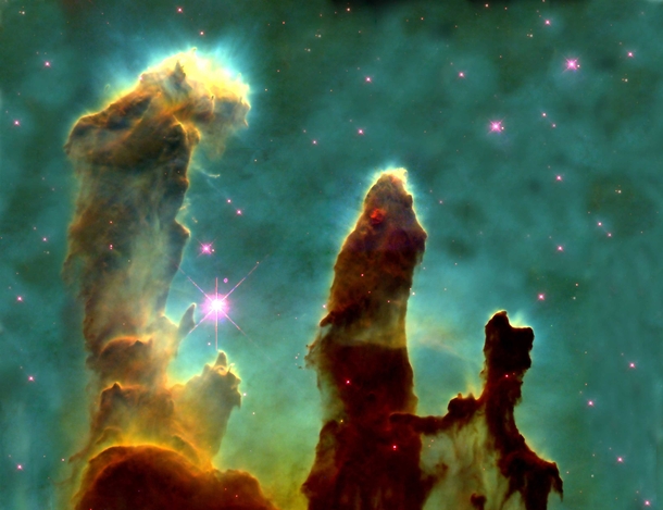 The Pillars of Creation Taken with the Hubble Telescope The Pillars consist mostly of molecular hydrogen helium and dust all the ingredients needed to form stars and planetary systems around them  NASA