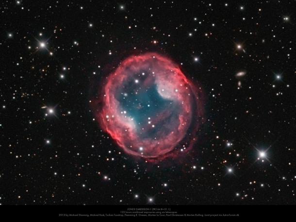 The Power of Multiple Amateur Telescopes -- Six separate Earth-based amateur telescopes the biggest was  took this  hour exposure of planetary nebula Jones-Emberson  