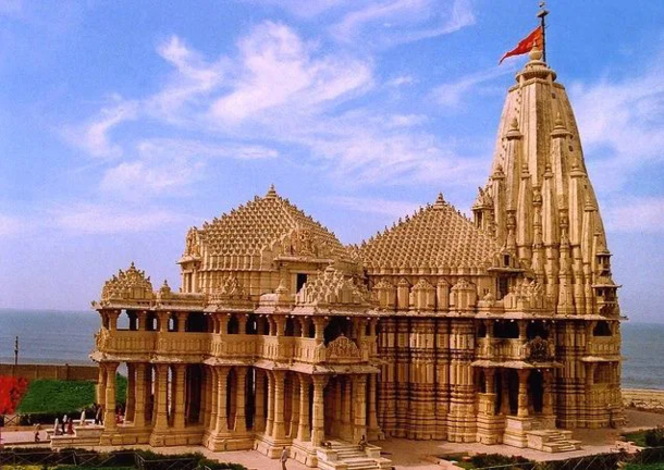 The present Somnath temple was reconstructed in the Chaulukya style of temple architecture in  on the shores of the Arabian sea in Gujarat Destroyed over dozens of times it represents that the power of reconstruction is always greater than the power of de