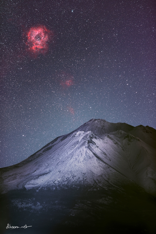 The Rosette Nebula is much bigger than a full moon in the sky Its just too dim and red to see with the naked eye Here it is rising over Mt Shasta 