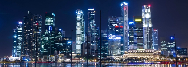 The Singapore skyline at night from Marina Bay
