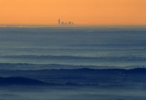 The skyline of Charlotte NC as seen from the top of Grandfather Mountain approx  miles away  x-post from rpics