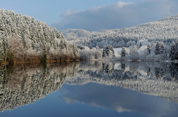 The snow-covered landscape is reflected in the lake near the northern German town of Sonnenberg 