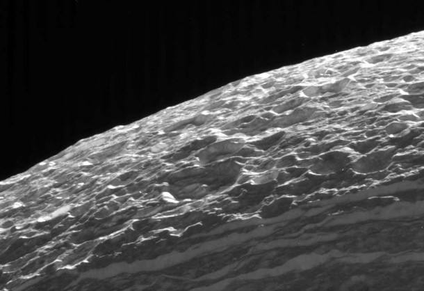 The surface of Saturns moon Dione 