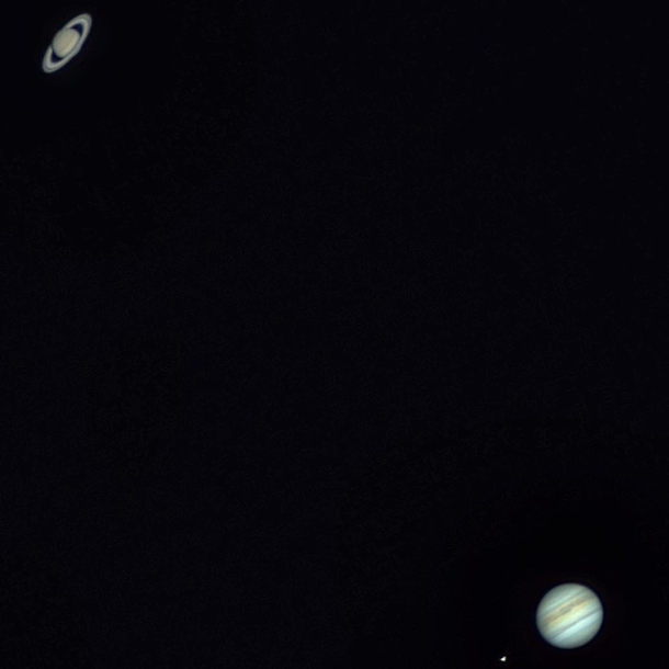 The time lapse video of the conjunction of Jupiter and Saturn is going up on my YouTube channel today and I have to say it came out freaking awesome This here is just one image from the video and in the video Im also zooming in of Jupiter and Saturn