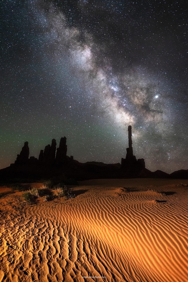 The Totem Pole at night - Milky Way and sand ripples - Monument Valley Arizona x