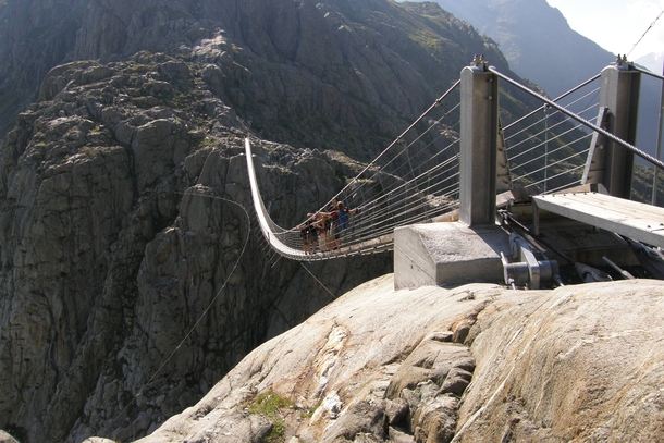 The Trift Bridge is the longest pedestrian-only suspension bridge in the Swiss Alps spanning  metres  ft at a height of  metres  ft 