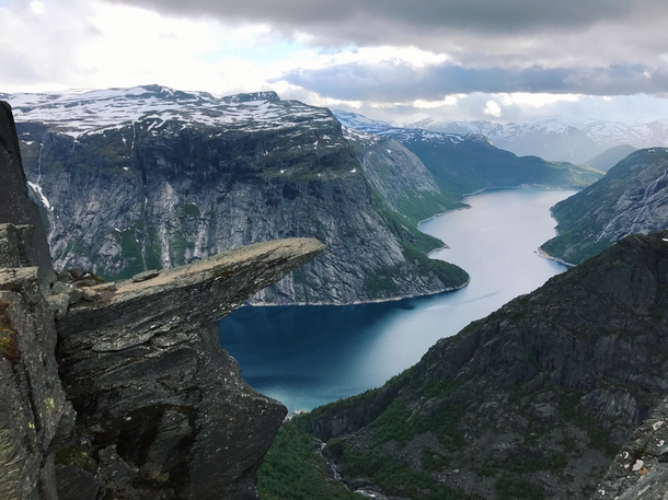 The view after a  hour hike overlooking Lake Ringedalsvatnet from Trolltunga in Odda Norway 