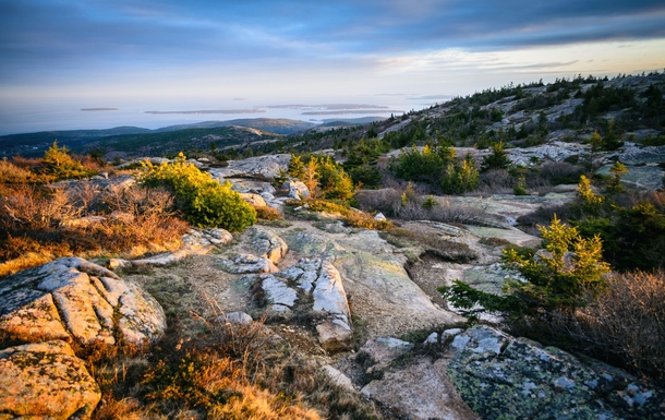 The view at sunset from Cadillac Mountain in Acadia National Park Maine OC 