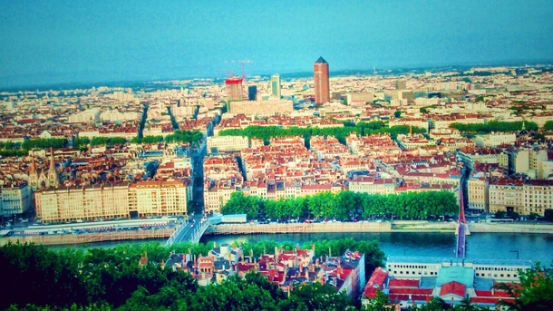The view of city Lyon France from La Basilique Notre Dame de Fourvire 