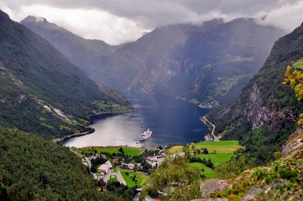 The village Geiranger nestled in the fjords of Norway 