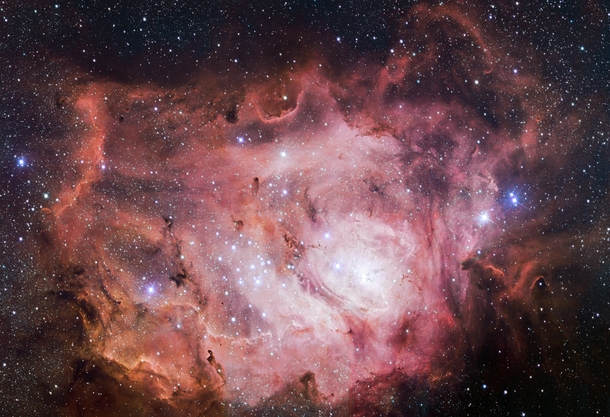 The VLT Survey Telescope at ESOs Paranal Observatory in Chile has captured this richly detailed new image of the Lagoon Nebula 