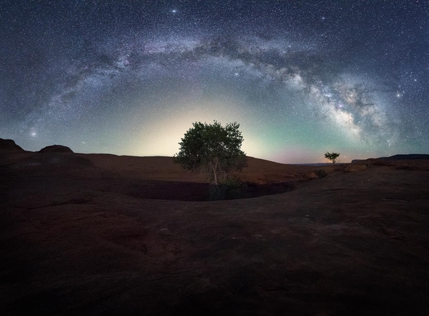 The well-trees of Dance Hall Rock under  degree view of the Milky Way Galaxy - UT USA 