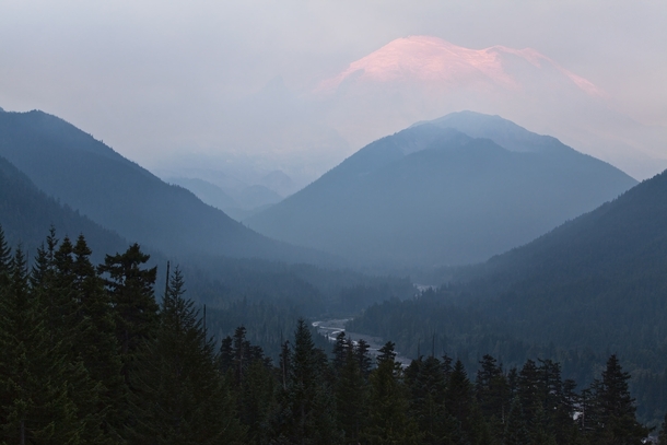 The wildfires currently burning in Washington have created so much smoke Mount Rainier isnt visible until the sun lights in up in the morning But when it appears 