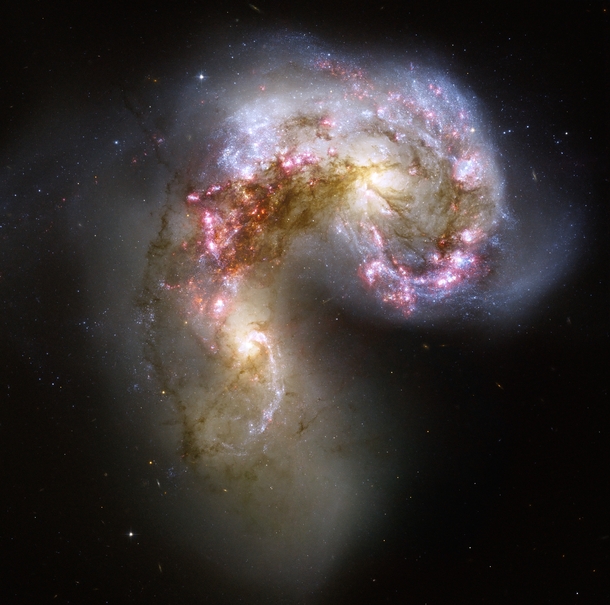 These two spiral galaxies drawn together by gravity started to interact a few hundred million years ago The Antennae Galaxies are the nearest and youngest examples of a pair of colliding galaxies 