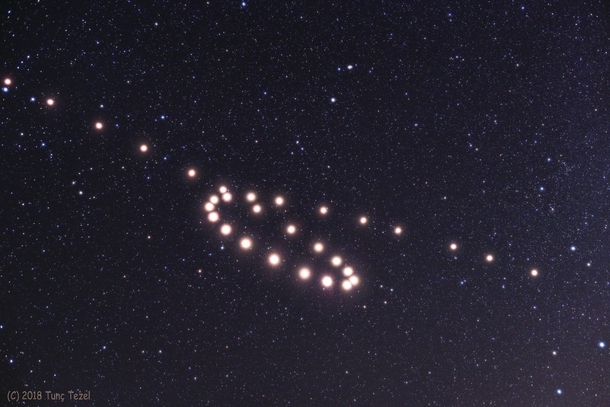 This composite of images spaced some  to  days apart traces the retrograde motion of Mars through Earths night sky 