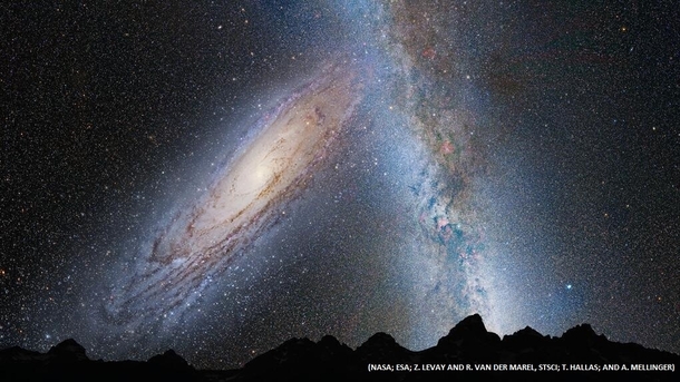 This illustration shows a stage in the predicted merger between our Milky Way galaxy and the neighboring Andromeda galaxy as it will unfold over the next several billion years Credit NASA ESA Z Levay and R van der Marel STScI T Hallas and A Mellinger