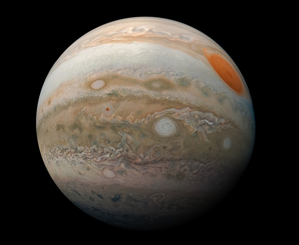 This striking view of Jupiters Great Red Spot and turbulent southern hemisphere was captured by NASAs Juno spacecraft as it performed a close pass of the gas giant planet Juno took the three images used to produce this color-enhanced view on Feb   